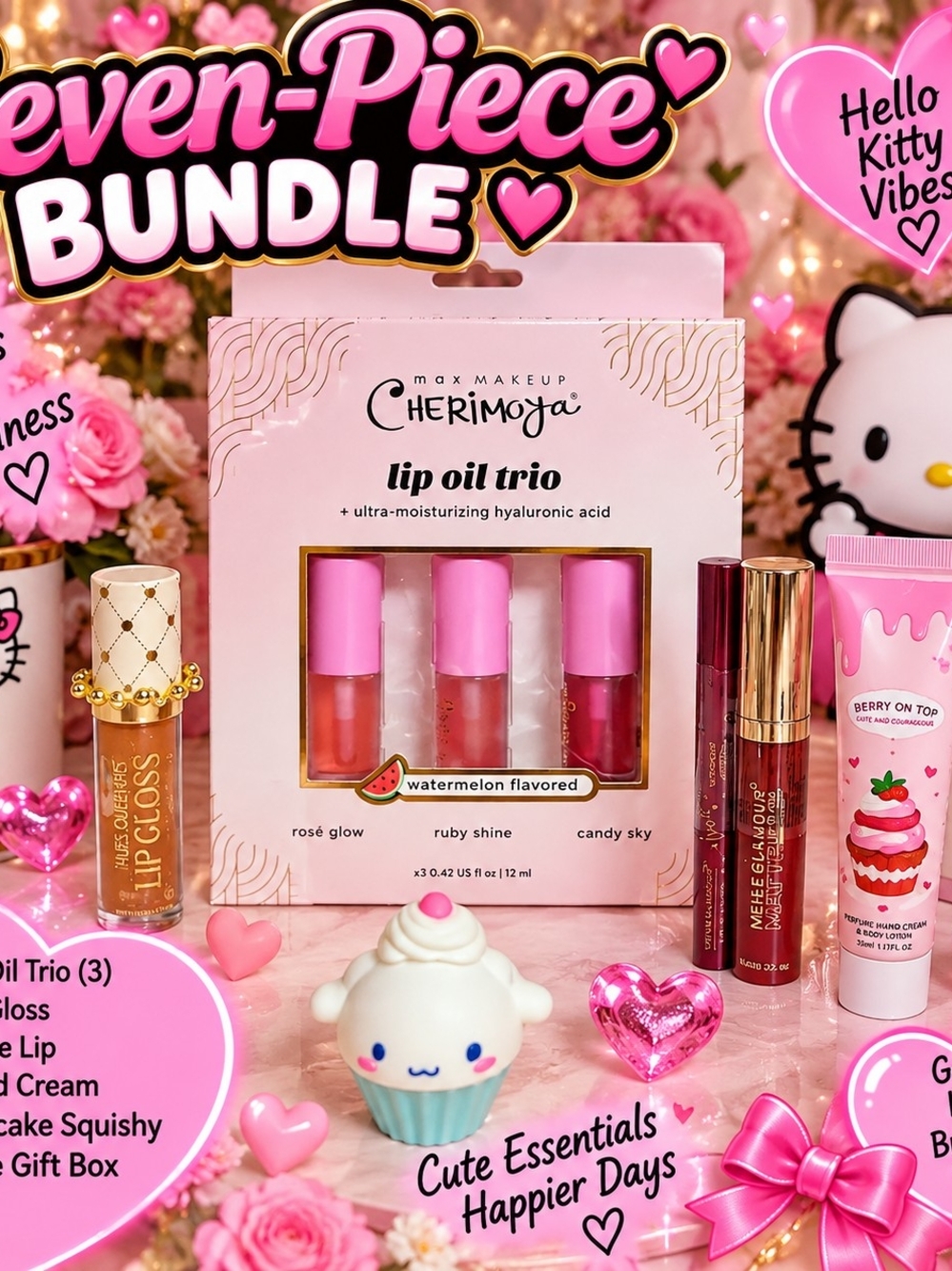 7 Peice Beauty Bundle Watermelon Flavored Lip Oil Trio - Pink